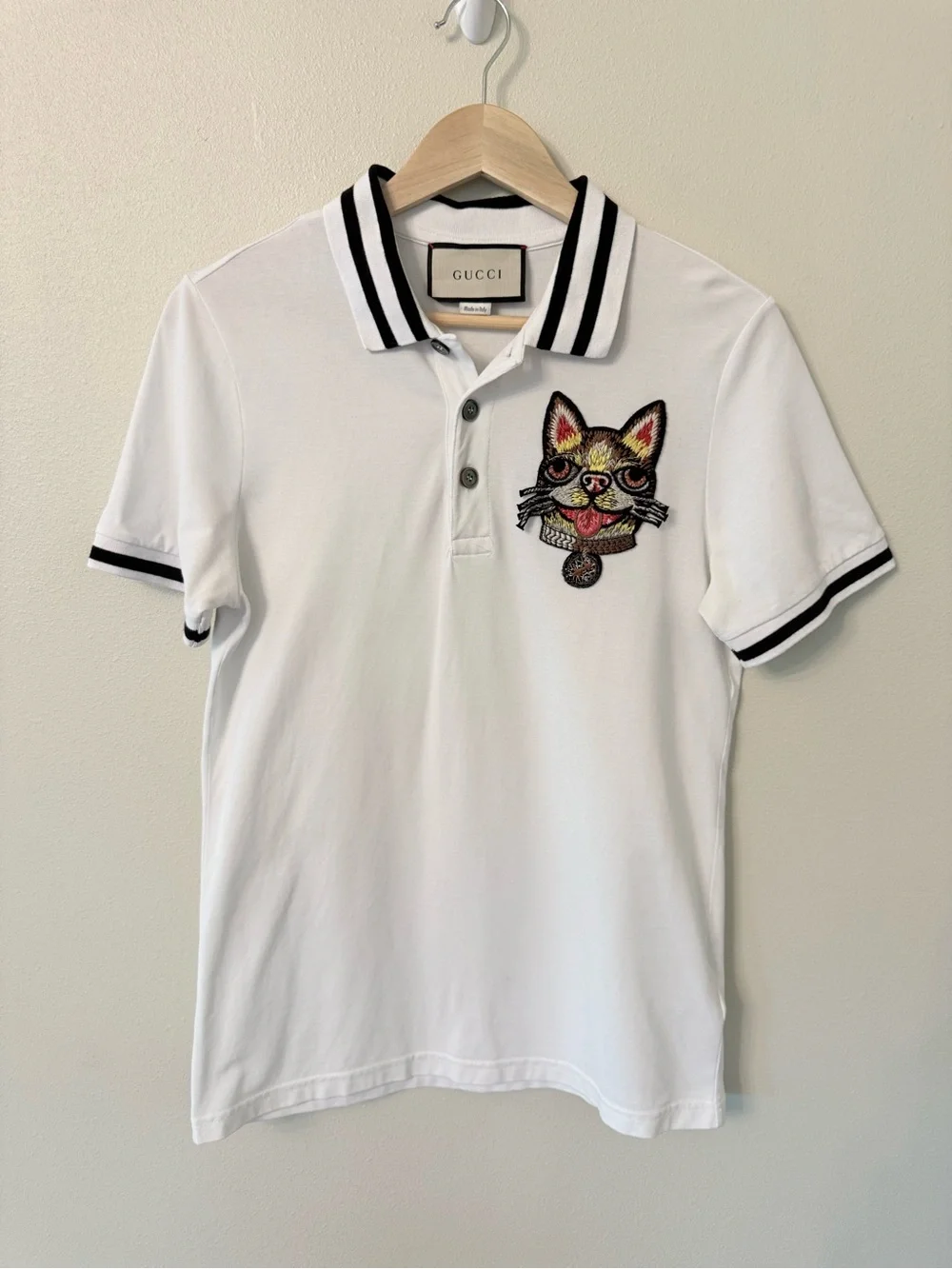 Gucci Dog Cat Patch Polo Shirt White Black Stripe Rare Alessandro Michele Size S
